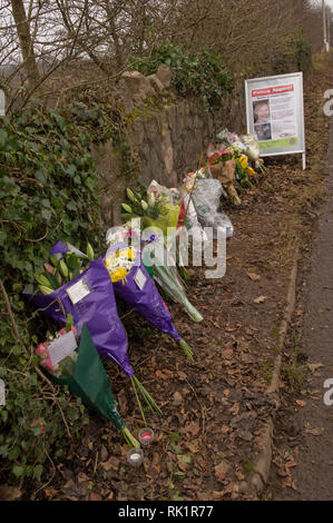 Joanna Yeates Mord in Clifton, Bristol, Großbritannien im Jahr 2010. Der Standort, an dem die Leiche gefunden wurde, mit einem Foto links mit Blumen und eine Inschrift auf Stockfoto