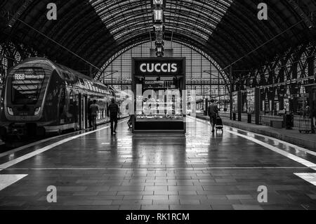 Frankfurt am Main, Hessen / Deutschland - 07. 23. 2018: die Reisenden zu Fuß zu einem wartenden Zug auf dem Bahnsteig im Bahnhof Stockfoto