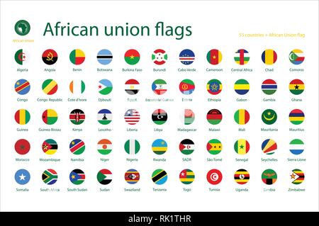 Vector Illustration Symbol Button Set, Sammlung der Afrikanischen Union Mitglieder Flags auf weißem Hintergrund. Stock Vektor