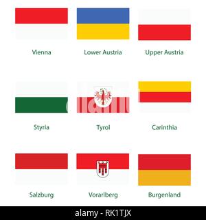 Vektor Icon Set, Sammlung Österreich Bundesländer Fahnen. Burgenland, Vorarlberg, Salzburg, Tirol, Kärnten, Steiermark, Niederösterreich und Oberösterreich. Stock Vektor