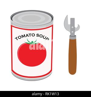 Vector Illustration Metall kann mit Tomatensuppe und Dosenöffner auf weißem Hintergrund Stock Vektor