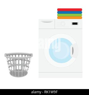 Wäsche in der Waschmaschine und Korb im Innenbereich. Vector Illustration Stock Vektor