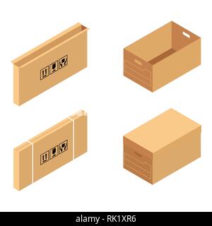 Karton verpackung. Isometrische box Karton Verpackung, Sammlung Vector Illustration. Stellen geschlossene und offene Kartons auf weißem Hintergrund. Stock Vektor