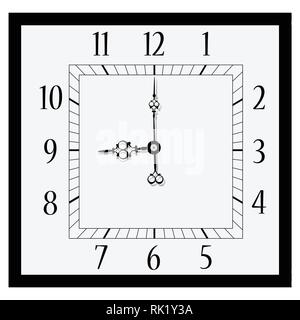 Vector Illustration Office Square. Klassische schwarze und weiße Wanduhr isoliert auf Weiss. Uhr an der Wand zeigt neun Uhr Stock Vektor