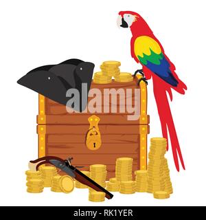 Vector Illustration Schatztruhe mit glänzender Gold, Papagei, Piraten Hut und Musket Gewehr isoliert auf Weiss. Abenteuer Stock Vektor