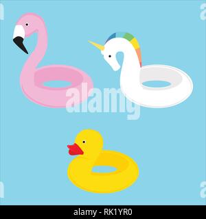 Sommer Schwimmen Ringe Sammlung Flamingo, Einhorn, Ente Stock Vektor