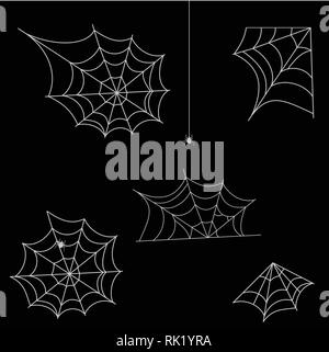 Sammlung von Cobweb, auf schwarzem Hintergrund isoliert. Spinnennetz für Halloween Design. Spinnennetz Elemente, gruselige, unheimlich, horror Halloween Dekoration. Silhoue Stock Vektor