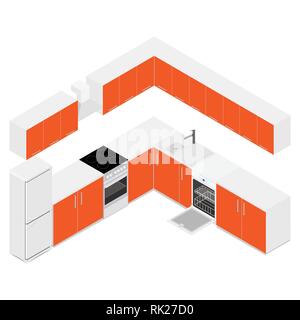 Vector Illustration isometrische moderne Küche Interieur. Möbel und Küche Gerät. Schränke Regale Utensilien Backofen und Dunstabzug realistisch Stock Vektor