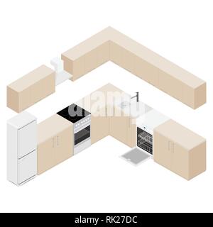 Vector Illustration isometrische moderne Küche Interieur. Möbel und Küche Gerät. Schränke Regale Utensilien Backofen und Dunstabzug realistisch Stock Vektor