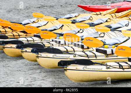 Reihen von bunten Kanus auf dem Wasser schwimmend Stockfoto