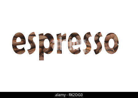 Nahaufnahme der Kaffeebohnen mit dem Wort schneiden Sie espresso Stockfoto