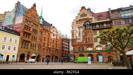 Malmö, Schweden - 31. MAI 2017: Panoramablick banner Paläste, die den Platz Stortorget, Malmö übersehen Stockfoto