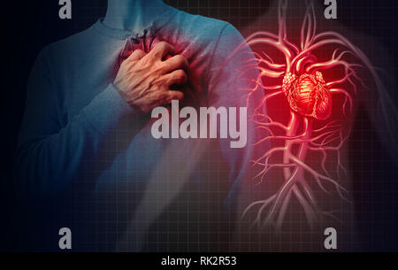 Herzinfarkt Konzept und menschlichen Herz-Kreislauf-Schmerz als eine Anatomie medizinische Krankheit Konzept, das eine Person leidet unter einer kardialen Erkrankungen. Stockfoto