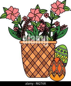 Eier bemalt und Korb mit Blumen Stock Vektor