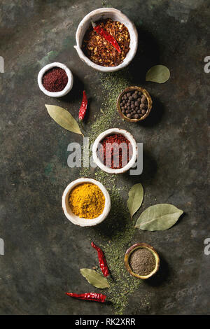 Gewürze Gewürze und Kräuter Vielfalt in Keramik Schalen. Verschiedene Paprika, Chili, Kurkuma, Lorbeer, Zimt über Dark Metal Hintergrund. Stockfoto