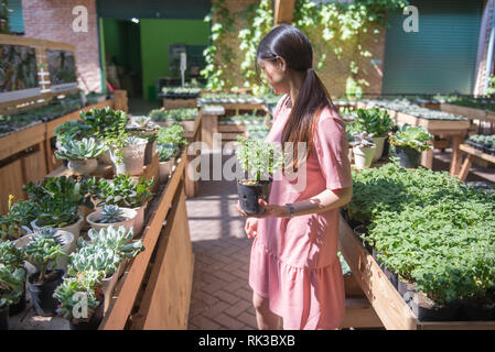 Asiatische Frau neue Pflanzen im Garten kaufen Stockfoto