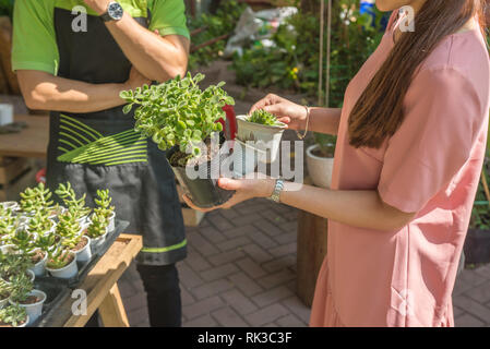 Weibliche Kunden Mitarbeiter gebeten, für die Beratung im Garten Center Stockfoto