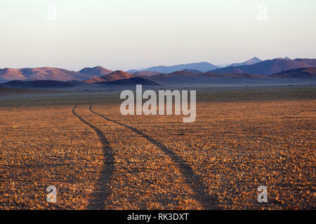 Sonnenuntergang auf dem roten Namib Wüste mit Sand weg und Büsche im südlichen Namibia, Afrika Stockfoto