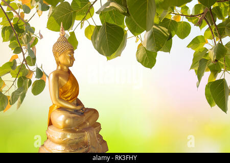 Buddha unter Bodhi Blatt auf Natur Hintergrund. Heiliger Baum für Buddhisten oder Hindus und schönen natürlichen verschwommen grünen Hintergrund mit Sonnenstrahlen. Stockfoto