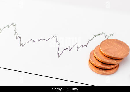 Grafik, schnelle Änderungen der Geld/Aktien/Finanzen mit Britisches Pfund Pfennig Münzen auf White Clear Graph. Stockfoto