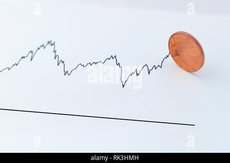 Grafik, schnelle Änderungen der Geld/Aktien/Finanzen mit Britisches Pfund Pfennig Münzen auf White Clear Graph. Stockfoto