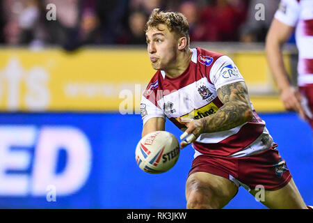 8. Februar 2019, DW Stadium, Wigan, England; Betfred Super League, Runde 2, Wigan Warriors vs Leeds Rhinos; Sam Powell (9) von Wigan Krieger in Aktion Quelle: Craig Thomas/News Bilder Stockfoto