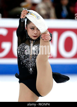 Anaheim, USA. 8 Feb, 2019. Yi Christy Leung von China's Hong Kong während die Damen Kür der ISU vier Kontinenten Eiskunstlauf Wm in Anaheim, USA, 8. Februar, 2019. Credit: Zhao Hanrong/Xinhua/Alamy leben Nachrichten Stockfoto