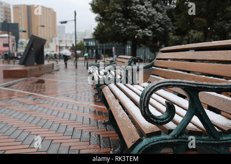 Tokio, Japan. 9 Feb, 2019. Bänke sind mit hellen Schnee in Tokio, Japan, Feb 9, 2019 abgedeckt. Credit: Du Xiaoyi/Xinhua/Alamy leben Nachrichten Stockfoto