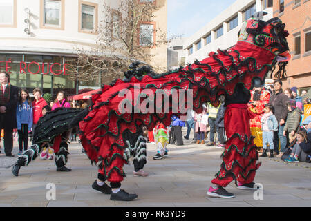 Woking, Surrey, Großbritannien. 9. Februar, 2019. Woking Zentrum feierte das Chinesische Neue Jahr des Schweins heute mit bunten Paraden und Shows. Die Lion dance Performance. Stockfoto
