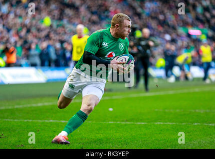 Das Stadion Murrayfield, Edinburgh, Großbritannien. 9 Feb, 2019. Guinness Rugby Six Nations Championship, Schottland gegen Irland; Keith Earls (Irland) geht auf die umgewandelten Versuch 10-19 Credit: Aktion plus Sport/Alamy leben Nachrichten Stockfoto