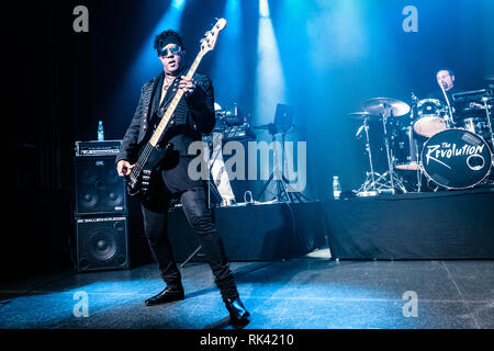 Dänemark, Kopenhagen - Februar 08., 2019. Die amerikanische Rockband The Revolution führt ein Live Konzert bei VEGA in Kopenhagen. Hier Sänger und Bassist Brownmark ist live auf der Bühne gesehen. (Foto: Gonzales Foto - Flemming Bo Jensen). Stockfoto