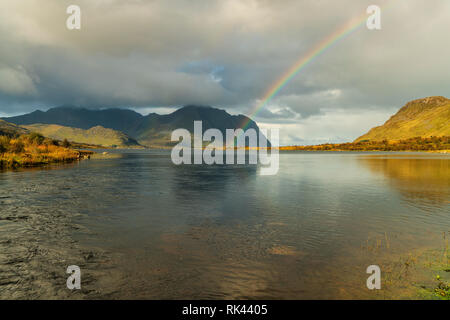 Regenbogen über dem Fjord, Bostad, Vestvagoy, Nordland, Lofoten, Norwegen Stockfoto