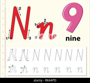 Buchstabe N tracing Alphabet Arbeitsblätter Abbildung Stock Vektor