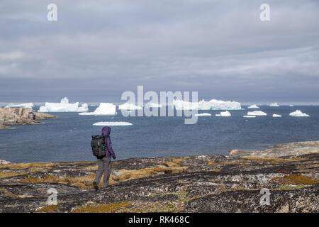 Junge Frau von Eisberge auf Disko Island, Grönland suchen Stockfoto
