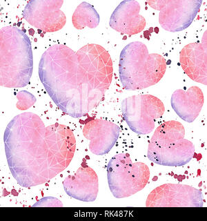 Aquarell nahtlose Muster mit Steigung Herz mit weißen Linien. Stockfoto