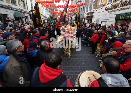 Ein chinesischer Lion Paraden durch Gerrard Street in einer Pre-Chinese New Year Celebration in Chinatown, London, vor der dieses Wochenende chinesische Neujahrsfest am Sonntag, die das Jahr des Schweins. Stockfoto