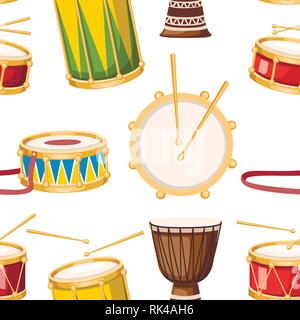 Nahtlose Muster. Farbige Drums mit Trommelstöcken Icon Set. Sammlung von Musikinstrumenten. Flache Vector Illustration auf weißem Hintergrund. Stock Vektor