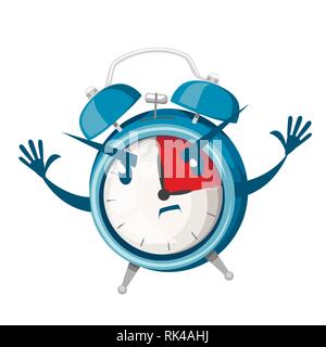 Blauer Alarm Clock. Wütend Uhr Maskottchen. Frist Konzept. Cartoon Character Design. Flache Vector Illustration auf weißem Hintergrund. Stock Vektor