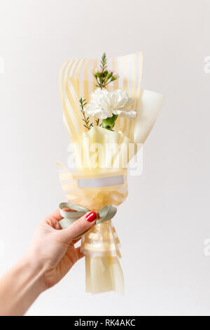 Frau hand mit Maniküre holding Spring Flowers. Weiße Nelke, Blumenstrauß im minimalistischen Stil auf hellen Hintergrund. Liebe, Feder und Geschenk Konzept Stockfoto