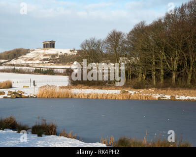 Ein Winter Blick auf penshaw Monument von Herrington Country Park, in Sunderland, North East England, Großbritannien Stockfoto