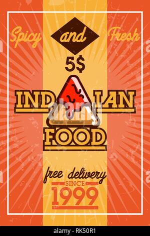 Farbe vintage indisches Essen Banner mit Designelementen. Vector Illustration, EPS 10. Stock Vektor