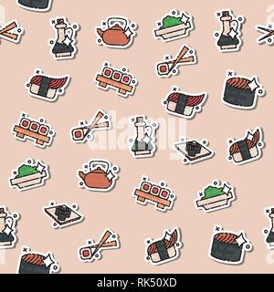 Farbige Sushi-konzept Symbole Muster. Meeresfrüchte unterzeichnen. Vector Illustration, EPS 10. Stock Vektor