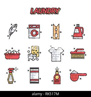 Wäscheservice Konzept Icons Set mit Eisen und Rezeption Symbole cartoon isoliert Vector Illustration Stock Vektor