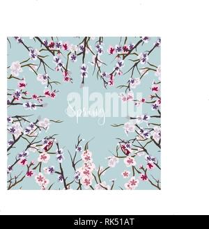 Festlegen von realistischen Sakura Japan cherry Zweig mit blühenden Blumen. Natur Hintergrund mit Blüte Zweig der Pink sakura Blumen. Stock Vektor