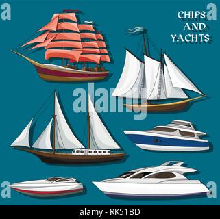 Schiffe und Yachten. Marine Transport Design Elemente und Symbole im flachen Stil. Ocean Travel Concept. Stock Vektor