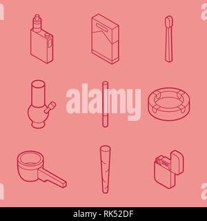 Rauchen flache Kontur isometrische eingestellt. Vector Illustration, EPS 10. Stock Vektor