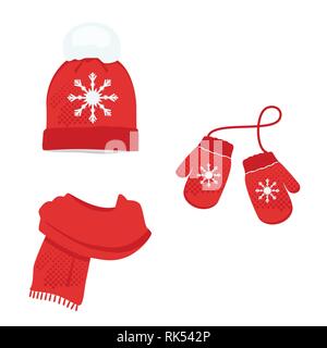 Red Winter Kleidung mit Schneeflocken. Gestrickte Mütze, Schal und Handschuhe. Vektor Icon Set Stock Vektor