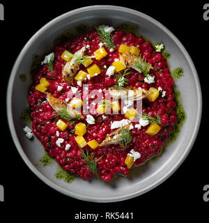 Rote Bete und Ziegenkäse Tartar, serviert auf eine weiße, runde Platte. Stockfoto