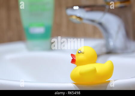 Rubber Duck als Dekoration der Bad in der Nähe von fließendem Wasser und Wasser. Stockfoto