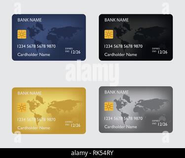 Realistische detaillierte Kreditkarten mit bunten abstrakt Design Hintergrund gesetzt. Goldene Kreditkarte. Silber Kreditkarte. Vector Illustration Design EPS 10. Stock Vektor